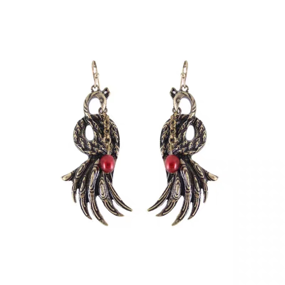 💎 3/$25 Antique gold peacock red pearl earrings